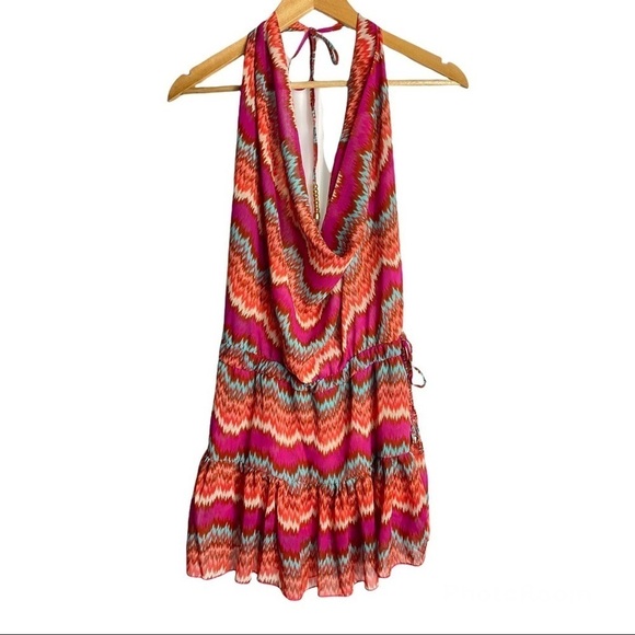 Vanita Rosa Zig Zag Ikat Pink Red Halter Neck Sleeveless Caftan Mini Dress - Picture 3 of 7